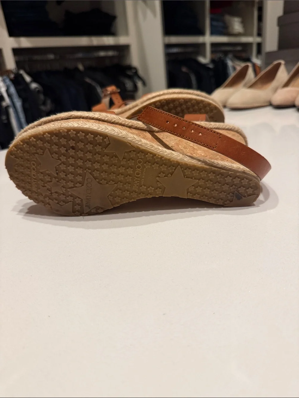 Jimmy Choo size 40 Leather Strappy Wedge Sandals in Tan